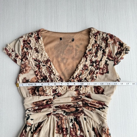 Mango Floral Ruched Fit & Flare Midi Dress Belted Tan Brown XS V Neck Cap Sleeve - Picture 14 of 16